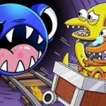 Rainbow Friends War cartoon animation monster battle scene