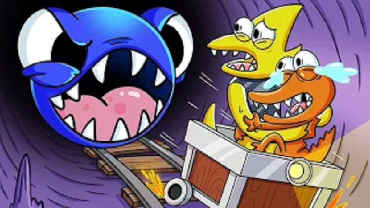 Rainbow Friends War cartoon animation monster battle scene